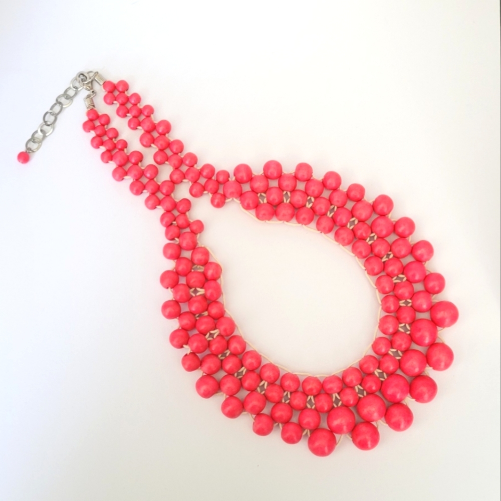 NEW! Hot Pink Wooden Bead,Bib Apron-Style Statement Necklace w/Clasp Extender